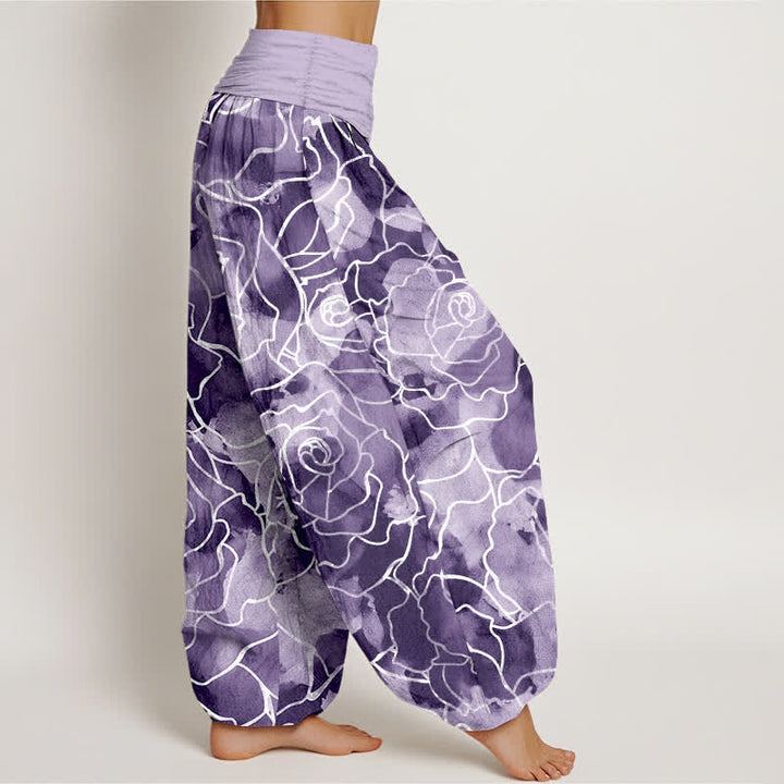 Buddha Stones Pantaloni harem da donna in cotone bianco con motivo a rose stilizzate e vita elasticizzata. - image 9