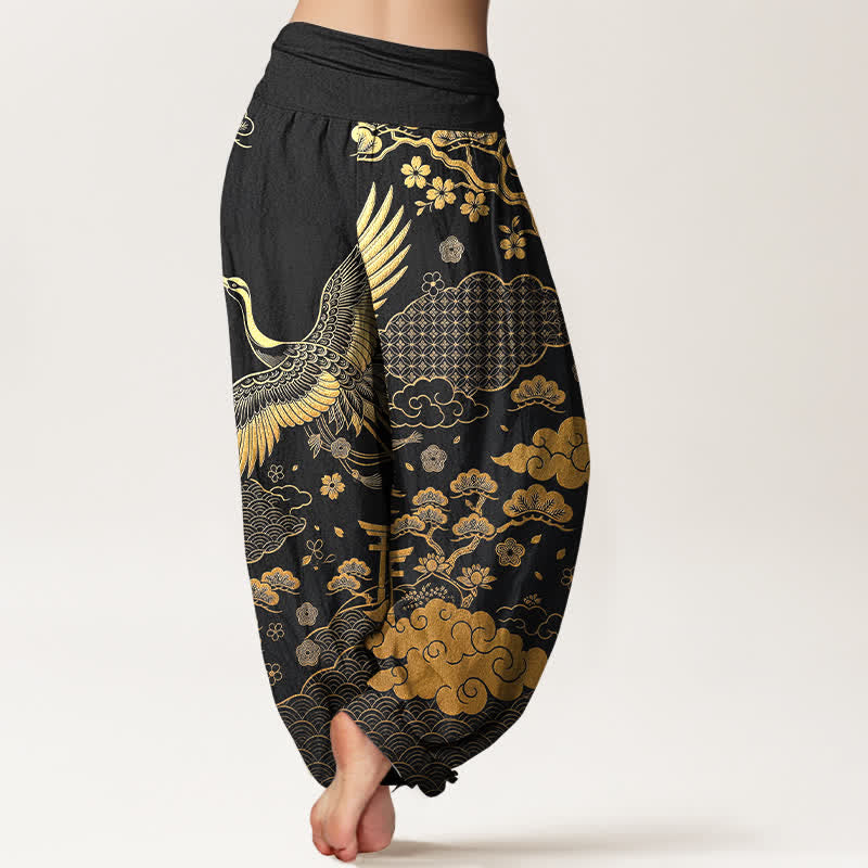 Buddha Stones Pantaloni harem da donna in cotone con motivo gru dorata e nuvole, con elastico in vita. - image 2
