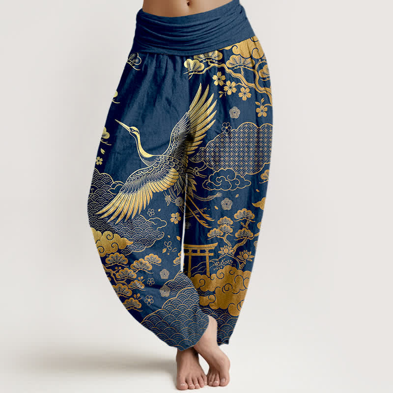 Buddha Stones Pantaloni harem da donna in cotone con motivo gru dorata e nuvole, con elastico in vita. - Marina - US16, UK/AU20, EU48 (3XL) - image 5