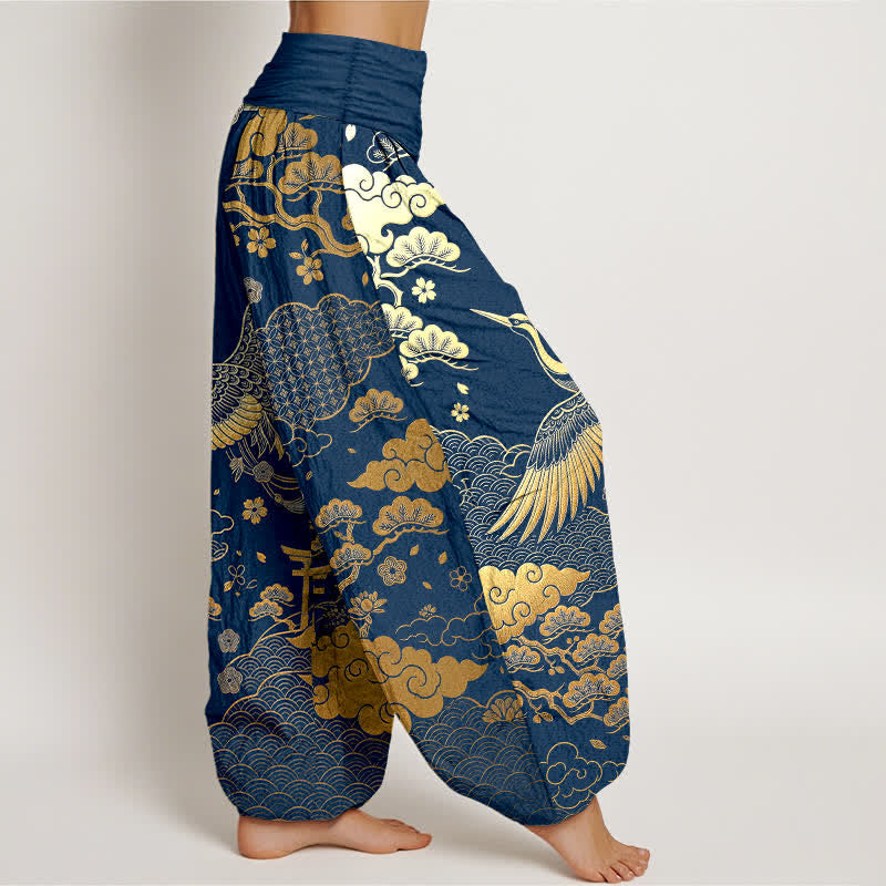 Buddha Stones Pantaloni harem da donna in cotone con motivo gru dorata e nuvole, con elastico in vita. - image 6