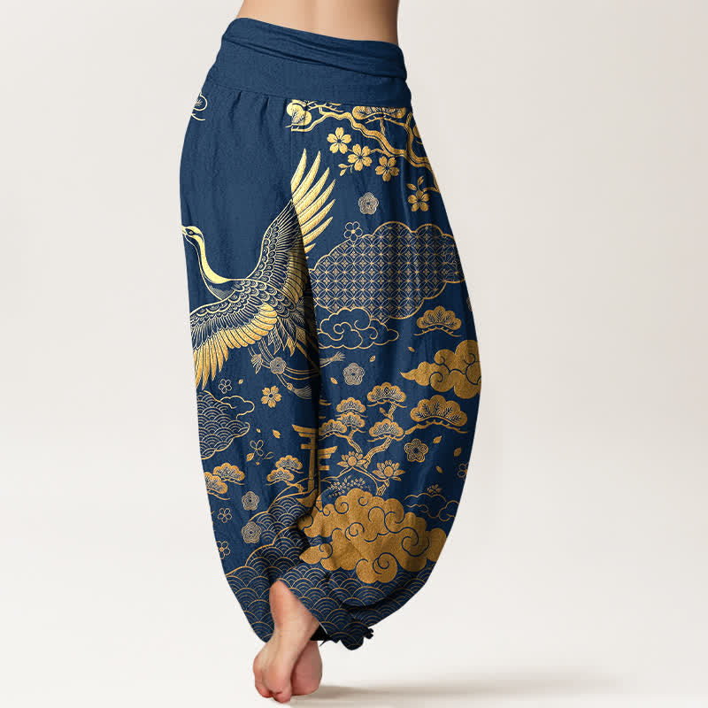 Buddha Stones Pantaloni harem da donna in cotone con motivo gru dorata e nuvole, con elastico in vita. - image 7