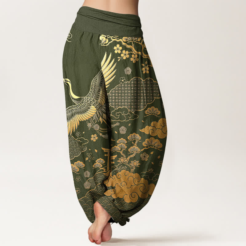 Buddha Stones Pantaloni harem da donna in cotone con motivo gru dorata e nuvole, con elastico in vita. - image 10