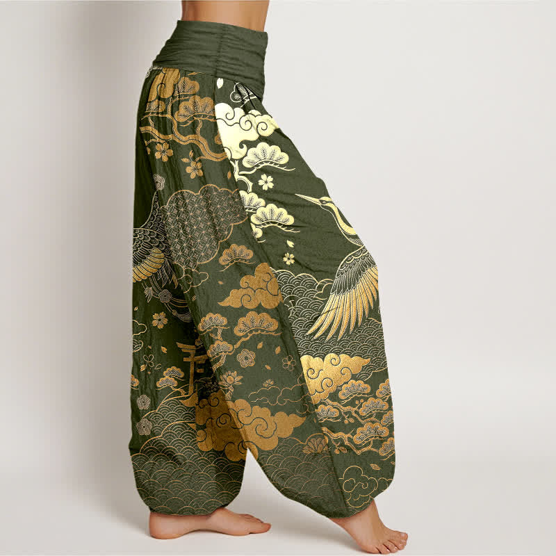 Buddha Stones Pantaloni harem da donna in cotone con motivo gru dorata e nuvole, con elastico in vita. - image 9