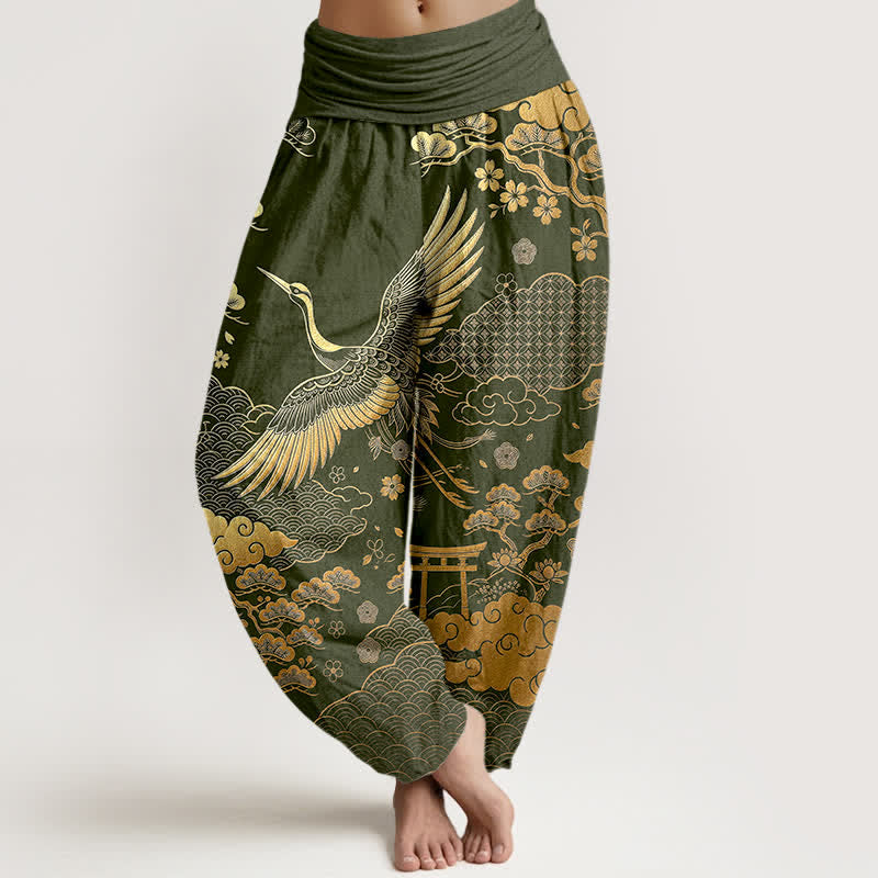 Buddha Stones Pantaloni harem da donna in cotone con motivo gru dorata e nuvole, con elastico in vita. - Verde oliva scuro - US16, UK/AU20, EU48 (3XL) - image 8