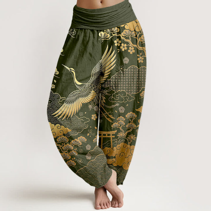 Buddha Stones Pantaloni harem da donna in cotone con motivo gru dorata e nuvole, con elastico in vita. - Verde oliva scuro - US16, UK/AU20, EU48 (3XL) - image 8