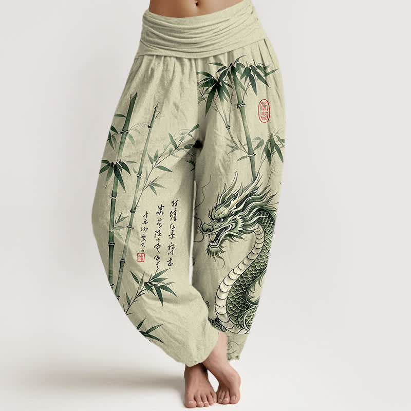 Buddha Stones Pantaloni harem da donna in cotone con motivo drago e bambù, vita elasticizzata - Crema alla menta - US16, UK/AU20, EU48 (3XL) - image 0