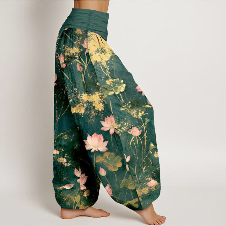 Buddha Stones Pantaloni harem da donna in cotone rosa con motivo a loto e schizzi dorati, con elastico in vita. - image 2