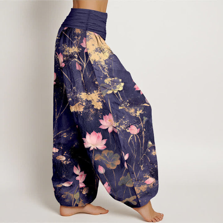 Buddha Stones Pantaloni harem da donna in cotone rosa con motivo a loto e schizzi dorati, con elastico in vita. - image 6