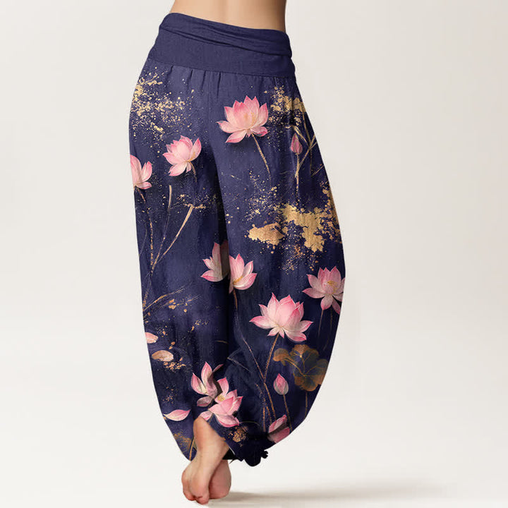 Buddha Stones Pantaloni harem da donna in cotone rosa con motivo a loto e schizzi dorati, con elastico in vita. - image 7