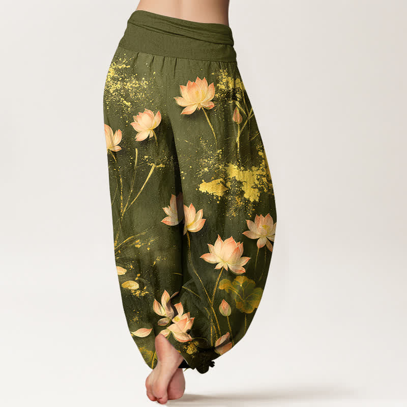 Buddha Stones Pantaloni harem da donna in cotone rosa con motivo a loto e schizzi dorati, con elastico in vita. - image 10
