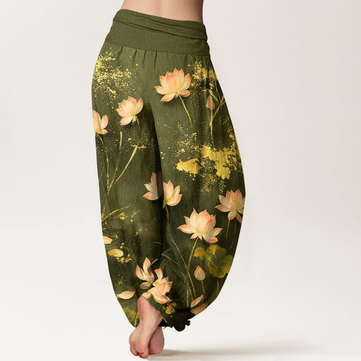 Buddha Stones Pantaloni harem da donna in cotone rosa con motivo a loto e schizzi dorati, con elastico in vita. - image 10