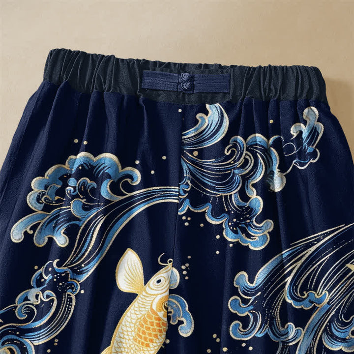 Buddha Stones Pantaloni harem da donna in puro cotone, stile vintage, con motivo a onde koi, bottoni a rana e vita elasticizzata, con tasche. - image 2