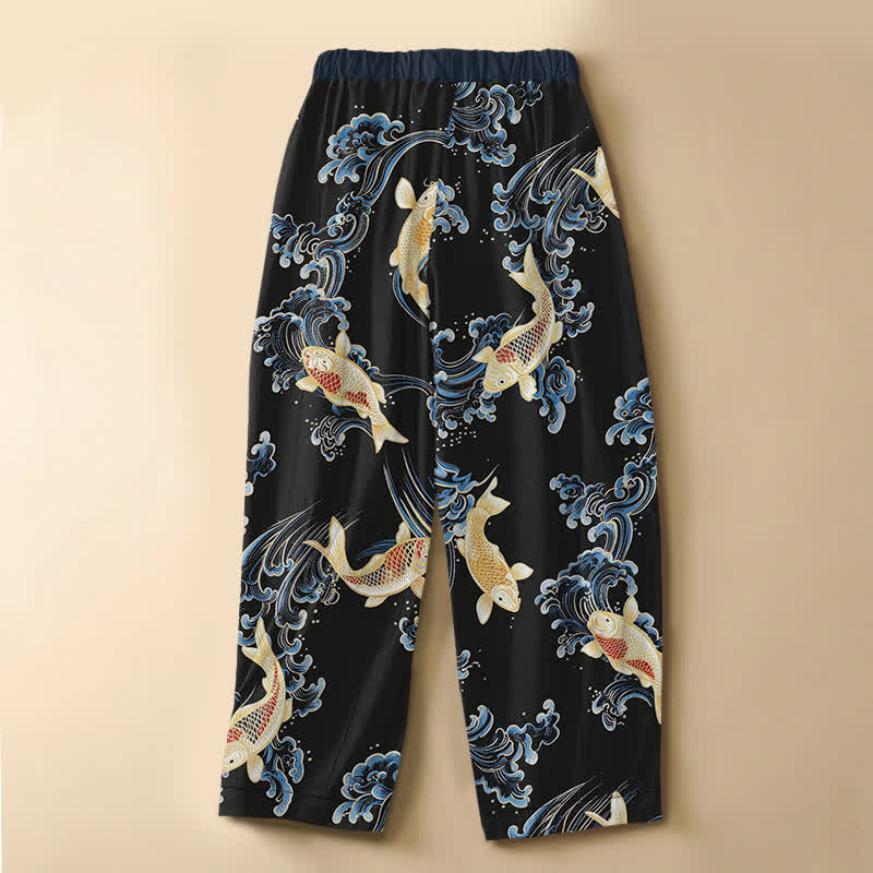 Buddha Stones Pantaloni harem da donna in puro cotone, stile vintage, con motivo a onde koi, bottoni a rana e vita elasticizzata, con tasche. - image 8