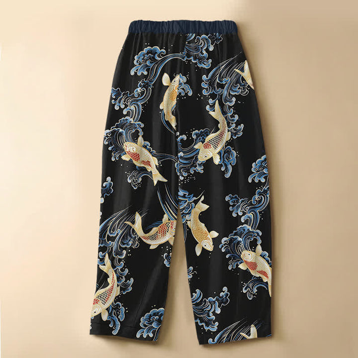 Buddha Stones Pantaloni harem da donna in puro cotone, stile vintage, con motivo a onde koi, bottoni a rana e vita elasticizzata, con tasche. - image 8