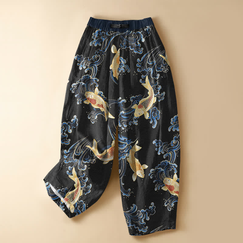 Buddha Stones Pantaloni harem da donna in puro cotone, stile vintage, con motivo a onde koi, bottoni a rana e vita elasticizzata, con tasche. - Nero - US16, UK/AU20, EU48 (3XL) - image 7