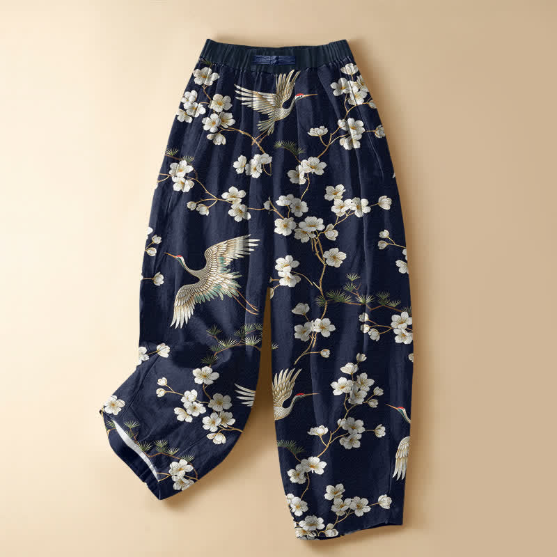 Buddha Stones Pantaloni harem da donna in puro cotone con motivo vintage a gru e fiori, bottoni a rana e vita elasticizzata, con tasche. - Marina - US16, UK/AU20, EU48 (3XL) - image 0