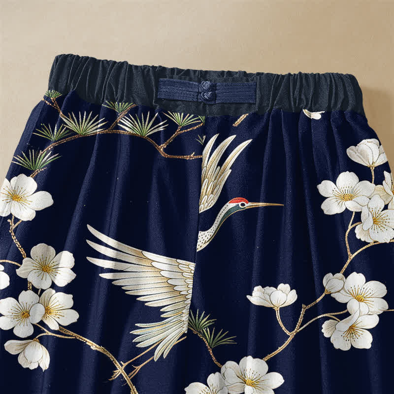 Buddha Stones Pantaloni harem da donna in puro cotone con motivo vintage a gru e fiori, bottoni a rana e vita elasticizzata, con tasche. - image 2