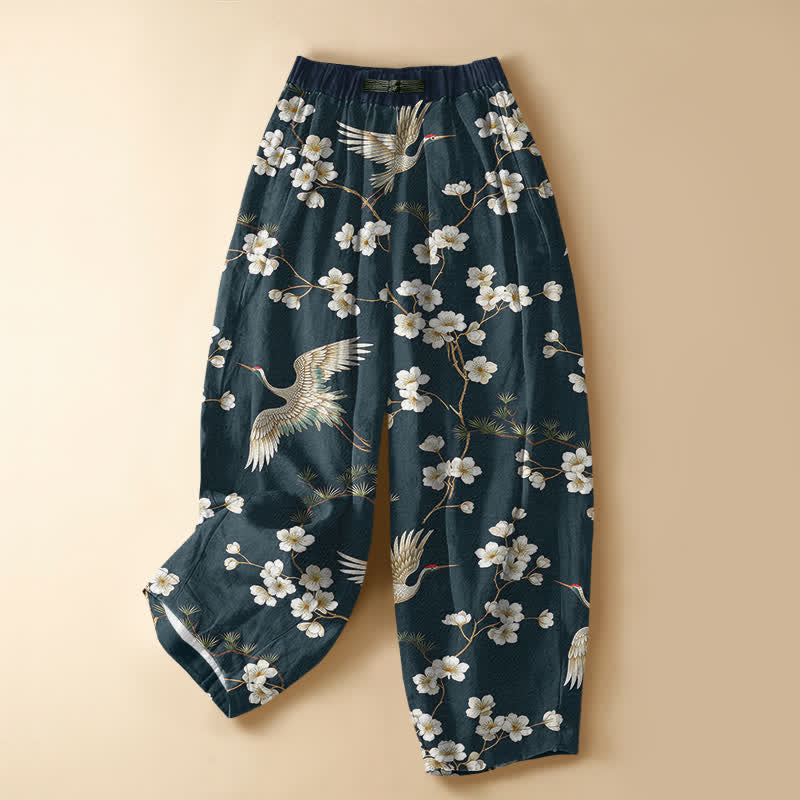 Buddha Stones Pantaloni harem da donna in puro cotone con motivo vintage a gru e fiori, bottoni a rana e vita elasticizzata, con tasche. - Ciano scuro - US16, UK/AU20, EU48 (3XL) - image 5