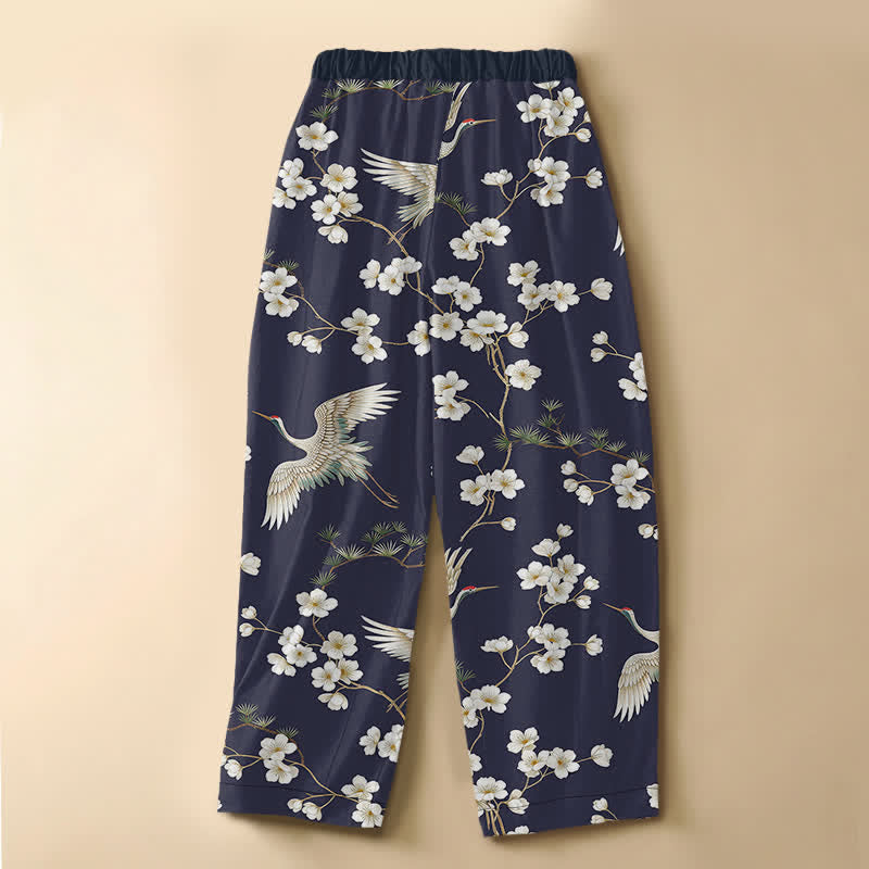 Buddha Stones Pantaloni harem da donna in puro cotone con motivo vintage a gru e fiori, bottoni a rana e vita elasticizzata, con tasche. - image 8
