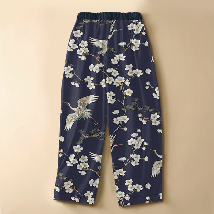 Buddha Stones Pantaloni harem da donna in puro cotone con motivo vintage a gru e fiori, bottoni a rana e vita elasticizzata, con tasche. - image 8