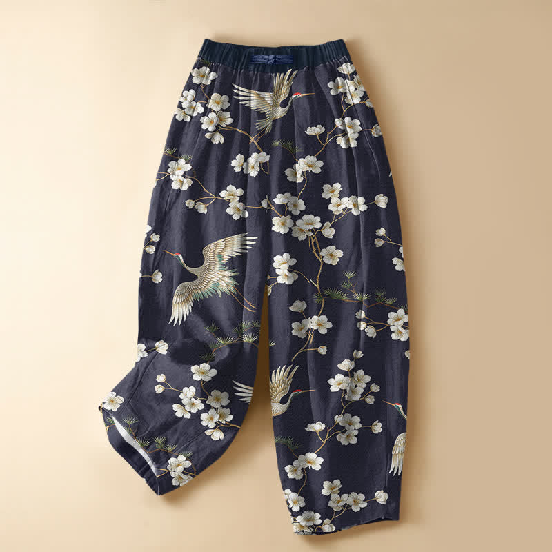 Buddha Stones Pantaloni harem da donna in puro cotone con motivo vintage a gru e fiori, bottoni a rana e vita elasticizzata, con tasche. - Blu ardesia scuro - US16, UK/AU20, EU48 (3XL) - image 7