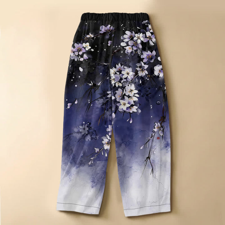 Buddha Stones Pantaloni harem da donna in puro cotone con motivo sfumato di fiori di ciliegio, bottoni a rana e vita elasticizzata, con tasche. - image 1