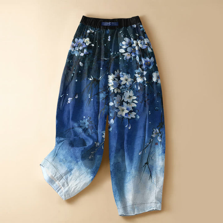 Buddha Stones Pantaloni harem da donna in puro cotone con motivo sfumato di fiori di ciliegio, bottoni a rana e vita elasticizzata, con tasche. - Blu - US16, UK/AU20, EU48 (3XL) - image 5