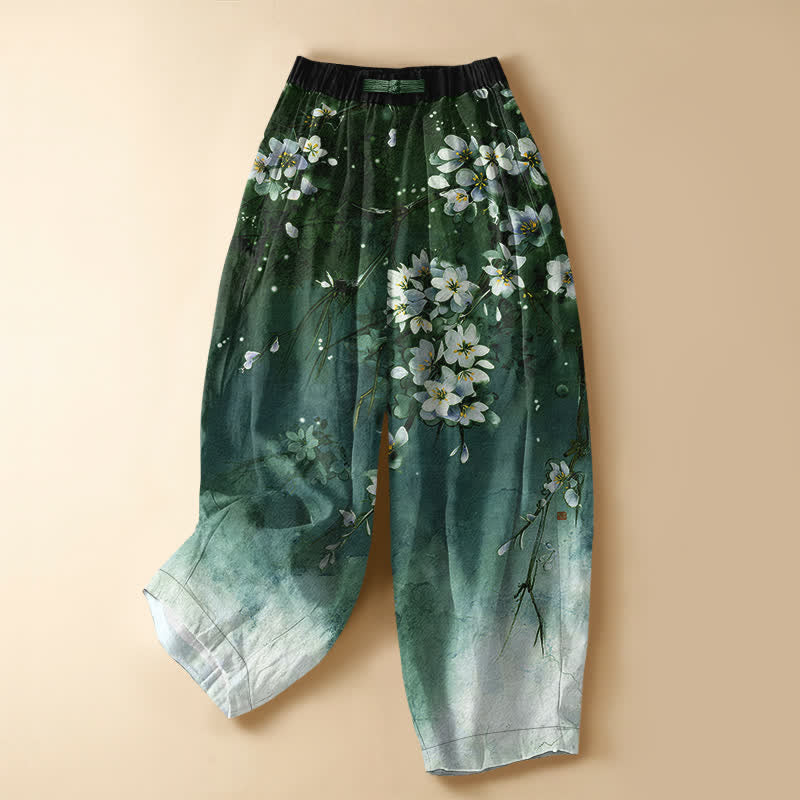 Buddha Stones Pantaloni harem da donna in puro cotone con motivo sfumato di fiori di ciliegio, bottoni a rana e vita elasticizzata, con tasche. - Verde mare medio - US16, UK/AU20, EU48 (3XL) - image 7