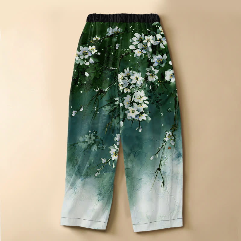 Buddha Stones Pantaloni harem da donna in puro cotone con motivo sfumato di fiori di ciliegio, bottoni a rana e vita elasticizzata, con tasche. - image 8