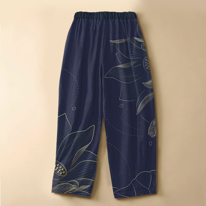 Buddha Stones Pantaloni harem da donna in puro cotone con motivo vintage a loto e bottoni a rana, vita elasticizzata e tasche. - image 6