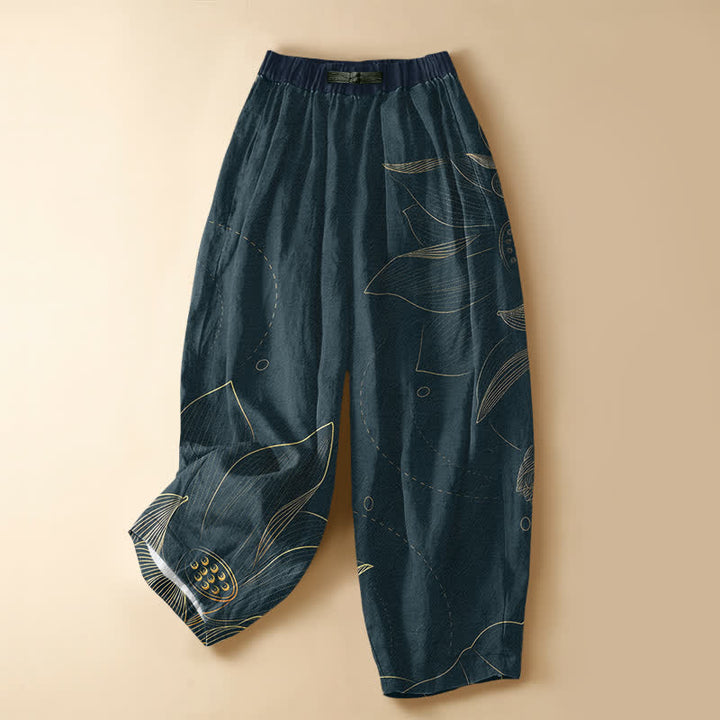 Buddha Stones Pantaloni harem da donna in puro cotone con motivo vintage a loto e bottoni a rana, vita elasticizzata e tasche. - Verde acqua - US16, UK/AU20, EU48 (3XL) - image 0