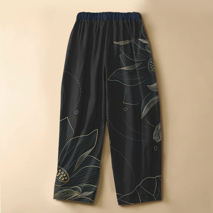 Buddha Stones Pantaloni harem da donna in puro cotone con motivo vintage a loto e bottoni a rana, vita elasticizzata e tasche. - image 8