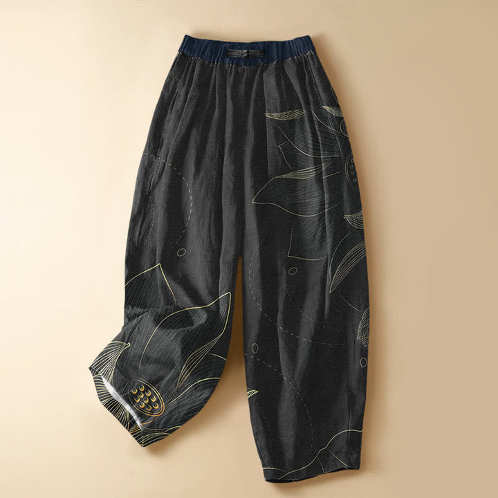 Buddha Stones Pantaloni harem da donna in puro cotone con motivo vintage a loto e bottoni a rana, vita elasticizzata e tasche. - Nero - US16, UK/AU20, EU48 (3XL) - image 7