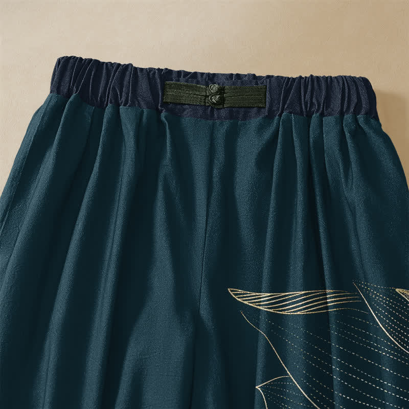 Buddha Stones Pantaloni harem da donna in puro cotone con motivo vintage a loto e bottoni a rana, vita elasticizzata e tasche. - image 2