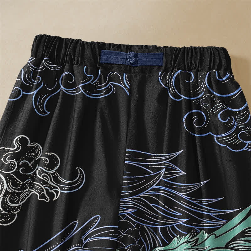 Buddha Stones Pantaloni harem da donna in puro cotone con motivo a onde di drago orientale, bottoni a rana e vita elasticizzata, con tasche. - image 2