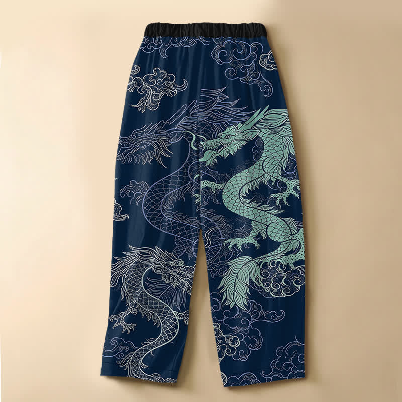 Buddha Stones Pantaloni harem da donna in puro cotone con motivo a onde di drago orientale, bottoni a rana e vita elasticizzata, con tasche. - image 6