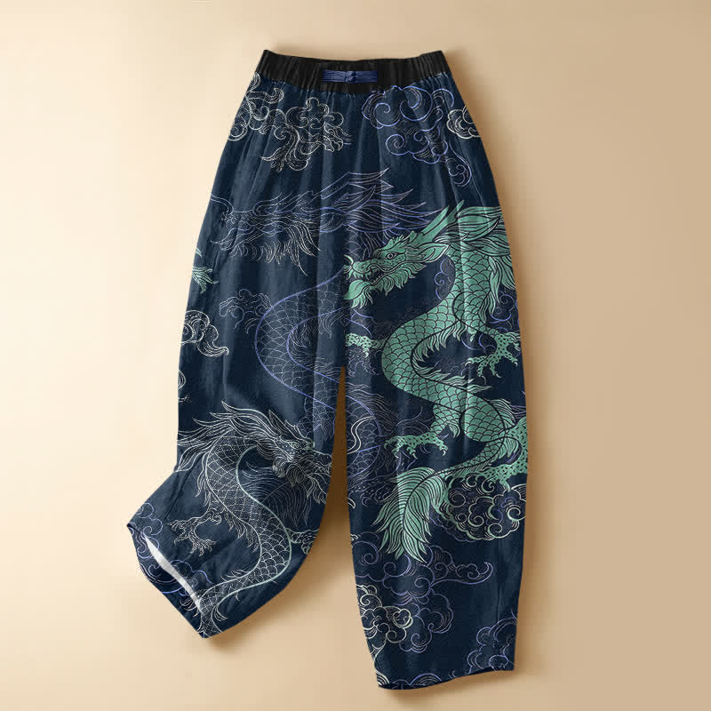 Buddha Stones Pantaloni harem da donna in puro cotone con motivo a onde di drago orientale, bottoni a rana e vita elasticizzata, con tasche. - Marina - US16, UK/AU20, EU48 (3XL) - image 5