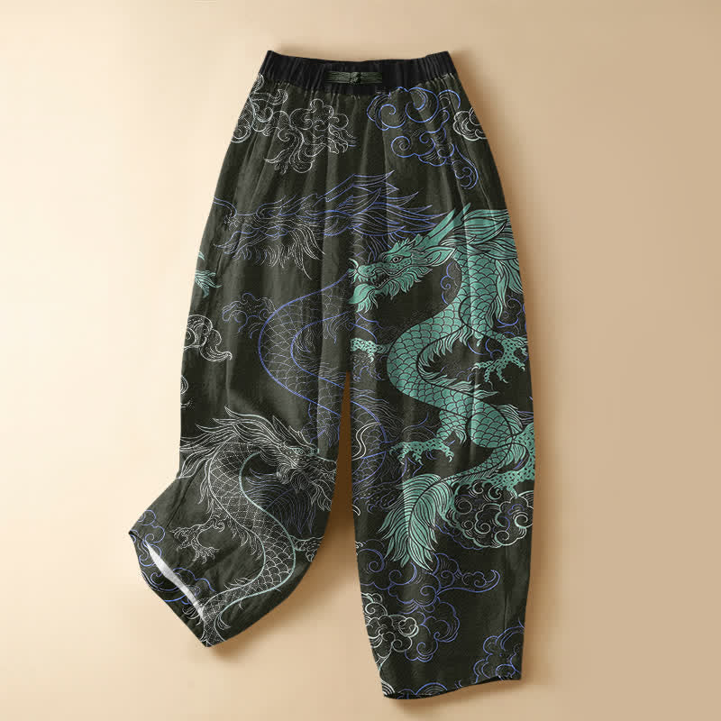Buddha Stones Pantaloni harem da donna in puro cotone con motivo a onde di drago orientale, bottoni a rana e vita elasticizzata, con tasche. - Verde oliva scuro - US16, UK/AU20, EU48 (3XL) - image 7