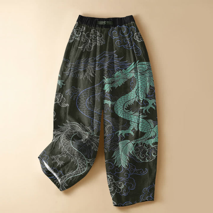 Buddha Stones Pantaloni harem da donna in puro cotone con motivo a onde di drago orientale, bottoni a rana e vita elasticizzata, con tasche. - Verde oliva scuro - US16, UK/AU20, EU48 (3XL) - image 7