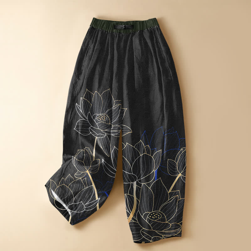 Buddha Stones Pantaloni harem da donna in puro cotone con elegante motivo a contorno di loto, bottoni a rana e vita elasticizzata con tasche. - Nero - US16, UK/AU20, EU48 (3XL) - image 5