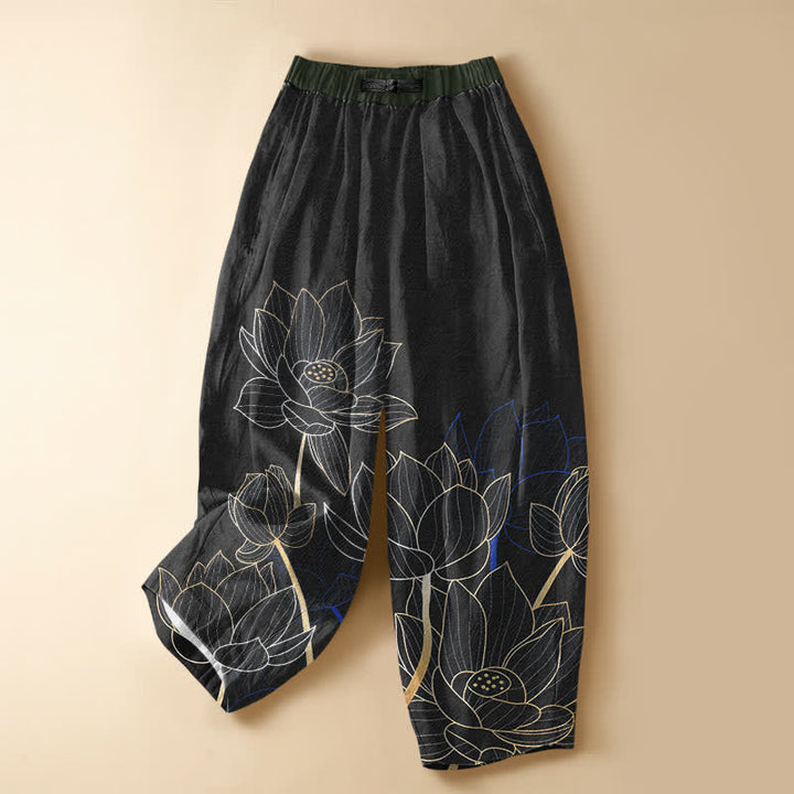 Buddha Stones Pantaloni harem da donna in puro cotone con elegante motivo a contorno di loto, bottoni a rana e vita elasticizzata con tasche. - Nero - US16, UK/AU20, EU48 (3XL) - image 5