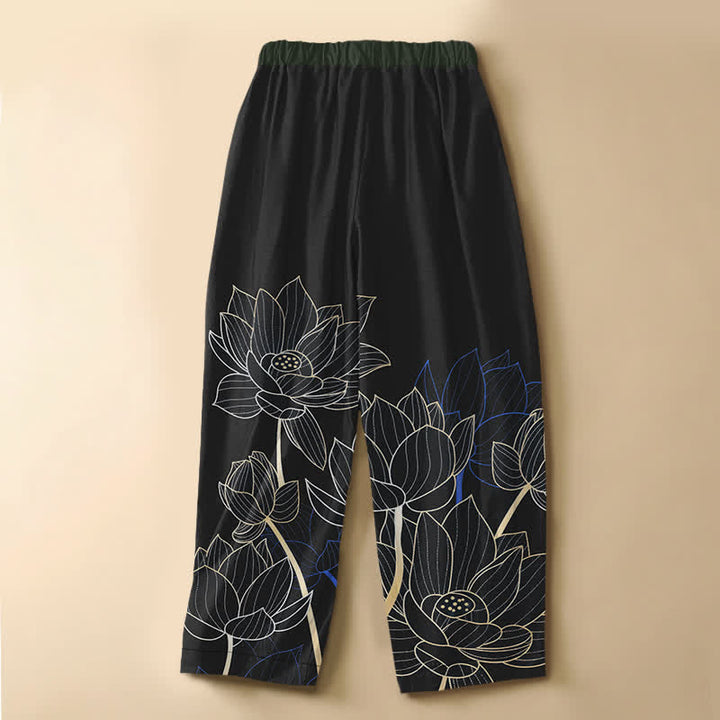 Buddha Stones Pantaloni harem da donna in puro cotone con elegante motivo a contorno di loto, bottoni a rana e vita elasticizzata con tasche. - image 6