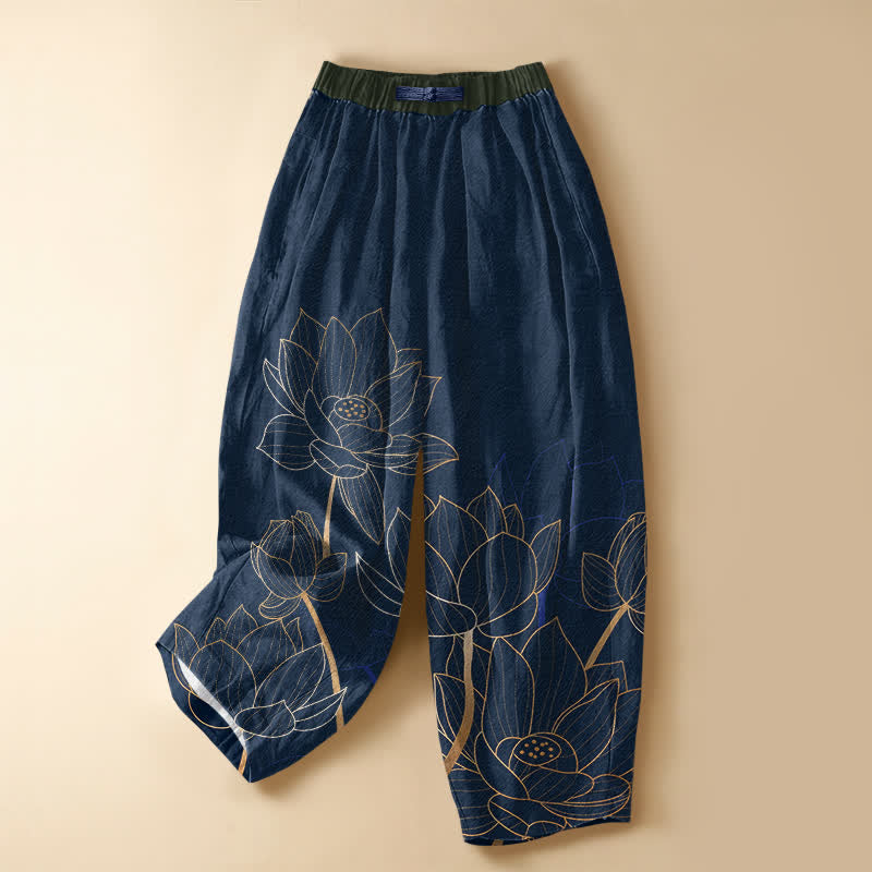 Buddha Stones Pantaloni harem da donna in puro cotone con elegante motivo a contorno di loto, bottoni a rana e vita elasticizzata con tasche. - Marina - US16, UK/AU20, EU48 (3XL) - image 7