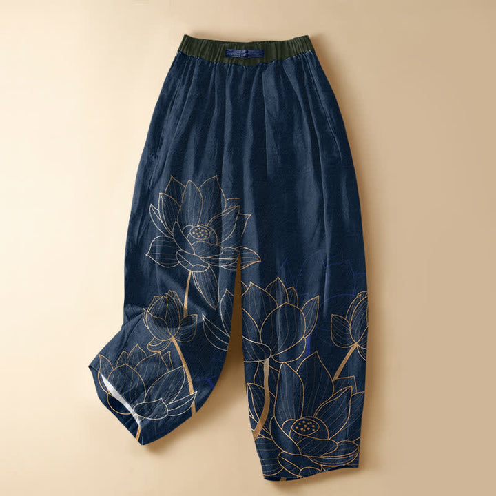 Buddha Stones Pantaloni harem da donna in puro cotone con elegante motivo a contorno di loto, bottoni a rana e vita elasticizzata con tasche. - Marina - US16, UK/AU20, EU48 (3XL) - image 7