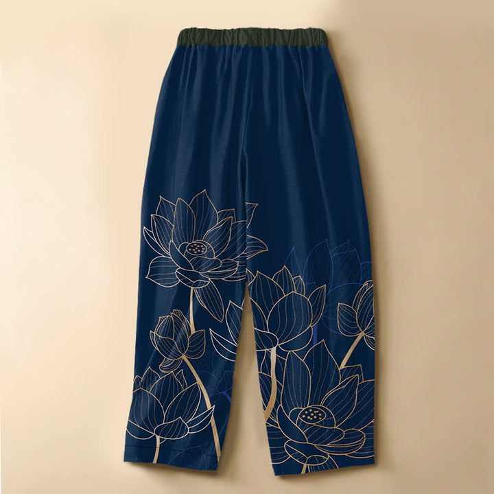 Buddha Stones Pantaloni harem da donna in puro cotone con elegante motivo a contorno di loto, bottoni a rana e vita elasticizzata con tasche. - image 8