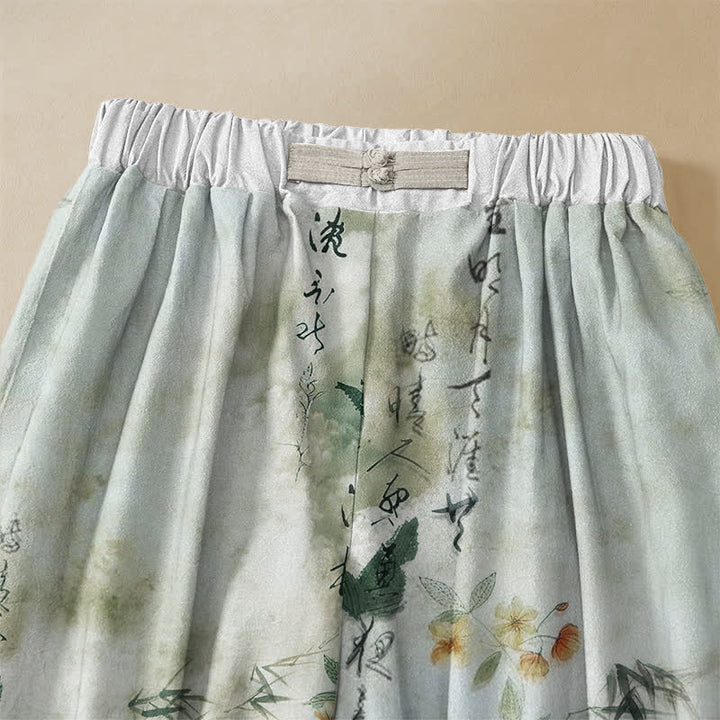 Buddha Stones Pantaloni harem da donna in puro cotone con elastico in vita, fantasia floreale con uccelli e calligrafia, chiusura con bottoni a rana e tasche. - image 2