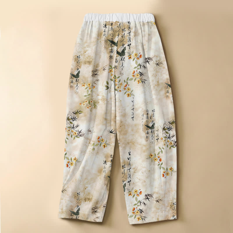 Buddha Stones Pantaloni harem da donna in puro cotone con elastico in vita, fantasia floreale con uccelli e calligrafia, chiusura con bottoni a rana e tasche. - image 6