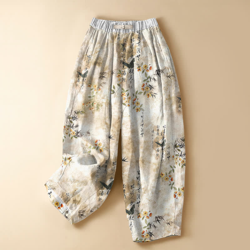 Buddha Stones Pantaloni harem da donna in puro cotone con elastico in vita, fantasia floreale con uccelli e calligrafia, chiusura con bottoni a rana e tasche. - Seta di mais - US16, UK/AU20, EU48 (3XL) - image 5