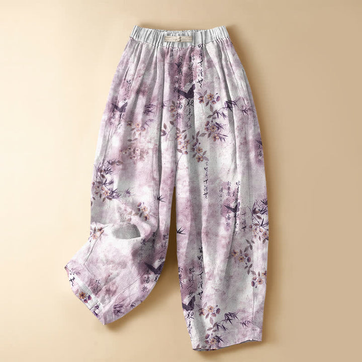 Buddha Stones Pantaloni harem da donna in puro cotone con elastico in vita, fantasia floreale con uccelli e calligrafia, chiusura con bottoni a rana e tasche. - Lavanda - US16, UK/AU20, EU48 (3XL) - image 7