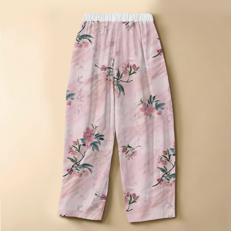 Buddha Stones Pantaloni harem da donna in puro cotone con motivo floreale romantico, bottoni a rana e vita elasticizzata, con tasche. - image 1